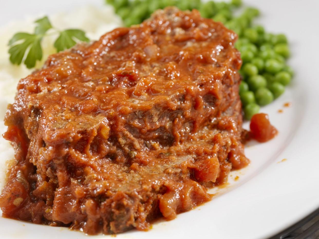 Meatloaf Baked In Tomato Sauce with Mashed Potatoes and Green Peas -Photographed on Hasselblad H3D2-39mb Camera