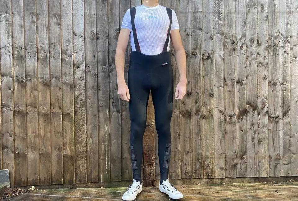 Santini Adapt Polartec Thermal C3 bib tights  are pictured with the reflective detailing seen on the shins