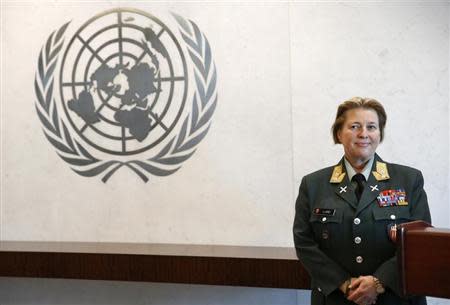 Major General Kristin Lund of Norway meets with U.N. Secretary General Ban Ki-Moon (not pictured) after Lund was appointed as the new Force Commander of the United Nations Peace Keeping Force in Cyprus at United Nations headquarters in New York, May 12, 2014. REUTERS/Mike Segar