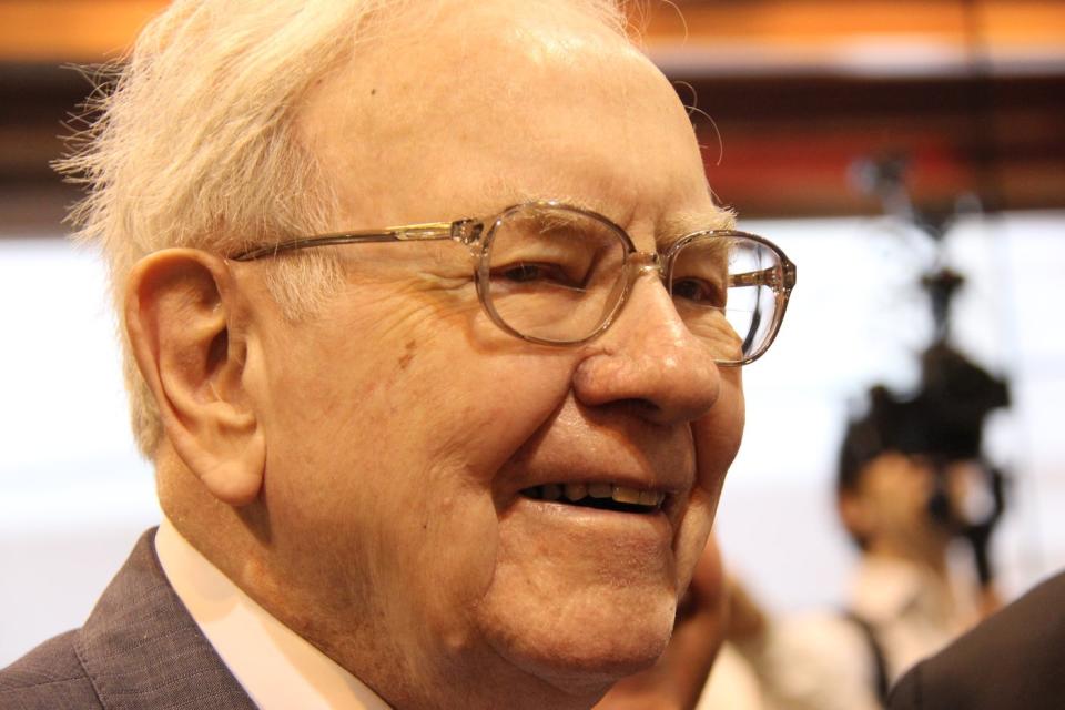 A jovial Warren Buffett at Berkshire Hathaway's annual shareholder meeting.