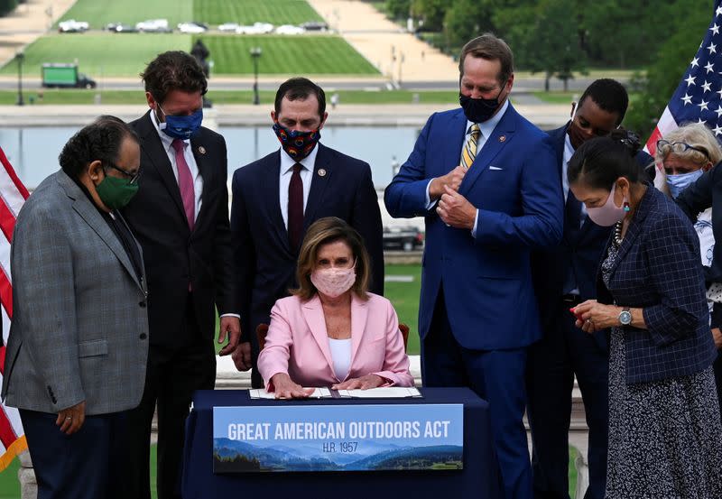 U.S. House Speaker Nancy Pelosi hosts a bill enrollment ceremony for the Great American Outdoors Act, on Capitol Hill in Washington