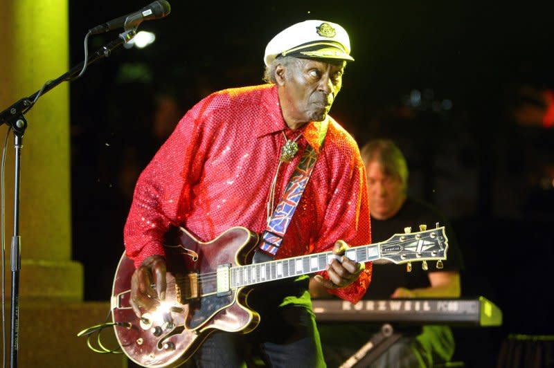 Rock and Roll legend Chuck Berry performs during a free concert in Kiener Plaza in St. Louis on July 29, 2010. On January 23, 1986, the first inductees into the Rock and Roll Hall of Fame included Berry, James Brown, Ray Charles, Fats Domino, the Everly Brothers, Buddy Holly, Jerry Lee Lewis and Elvis Presley. File Photo by Bill Greenblatt/UPI