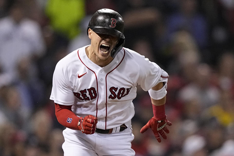 Boston Red Sox's Enrique Hernandez reacts after making an out against the Houston Astros during the fourth inning in Game 5 of baseball's American League Championship Series Wednesday, Oct. 20, 2021, in Boston. (AP Photo/David J. Phillip)