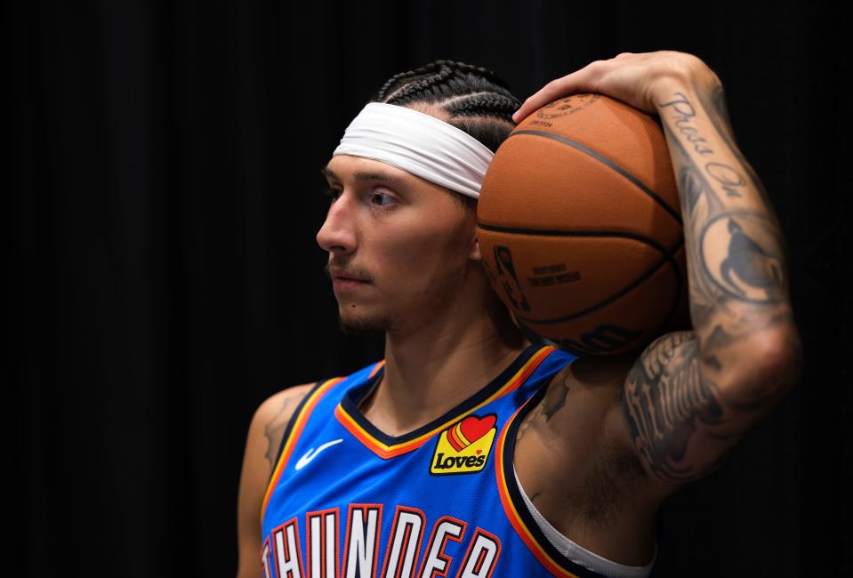 Lindy Waters III (12) poses for a photographer at Thunder Media Day, held in the Oklahoma City Convention Center on Monday, Oct. 2, 2023.