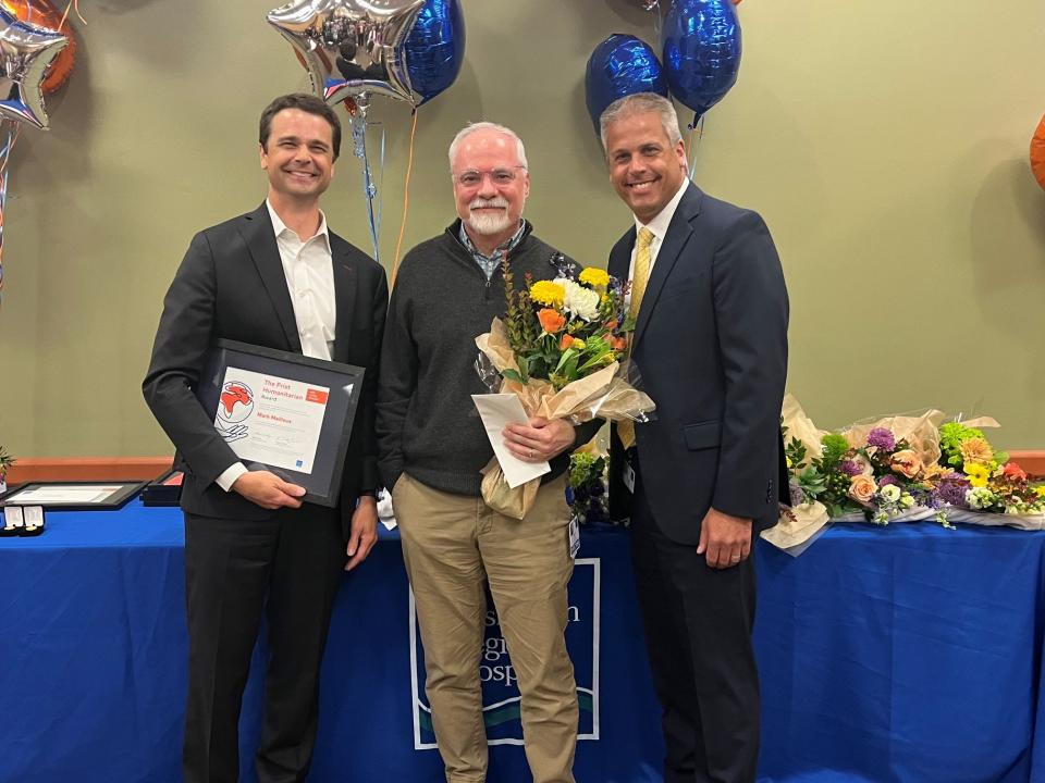 Mark Mailloux, Director of Outpatient Therapy and Occupational Health at Portsmouth Regional Hospital, received the 2022 Frist Humanitarian Award – Employee. Pictured with Dean Carucci, market president, HCA New England Healthcare, and CEO of Portsmouth Regional Hospital, and TJ Jean, Vice President of Operations.