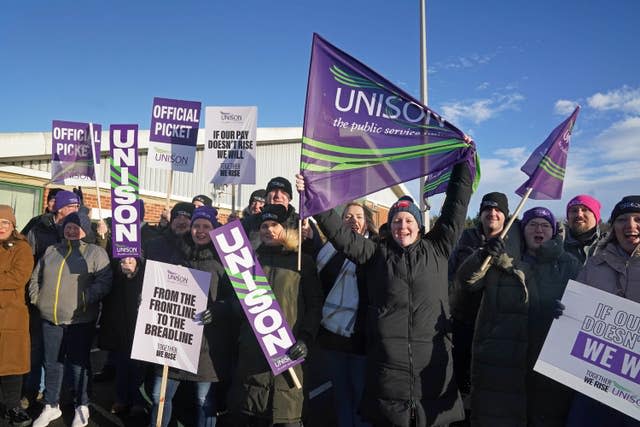 Ambulance workers on the picket line outside Ashington ambulance station in Northumberland