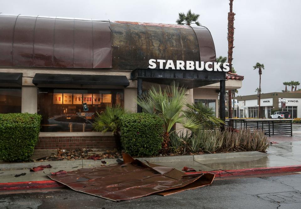 A Starbucks suffered wind damage during the storm in Palm Desert, Calif., August 20, 2023.