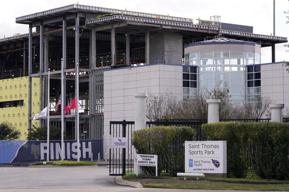 The entrance to the Tennessee Titans' practice facility is shown Tuesday, Sept. 29, 2020, in Nashville, Tenn. The Titans suspended in-person activities through Friday after the NFL said three Titans players and five personnel tested positive for the coronavirus, becoming the first COVID-19 outbreak of the NFL season in Week 4. The facility is now closed for four days to help limit the spread of the virus. (AP Photo/Mark Humphrey)