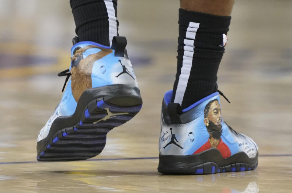April 13, 2019; Oakland, CA, USA; Detail view of Nike shoes worn by LA Clippers forward Montrezl Harrell (5) during the second quarter in game one of the first round of the 2019 NBA Playoffs against the Golden State Warriors at Oracle Arena. Mandatory Credit: Kyle Terada-USA TODAY Sports