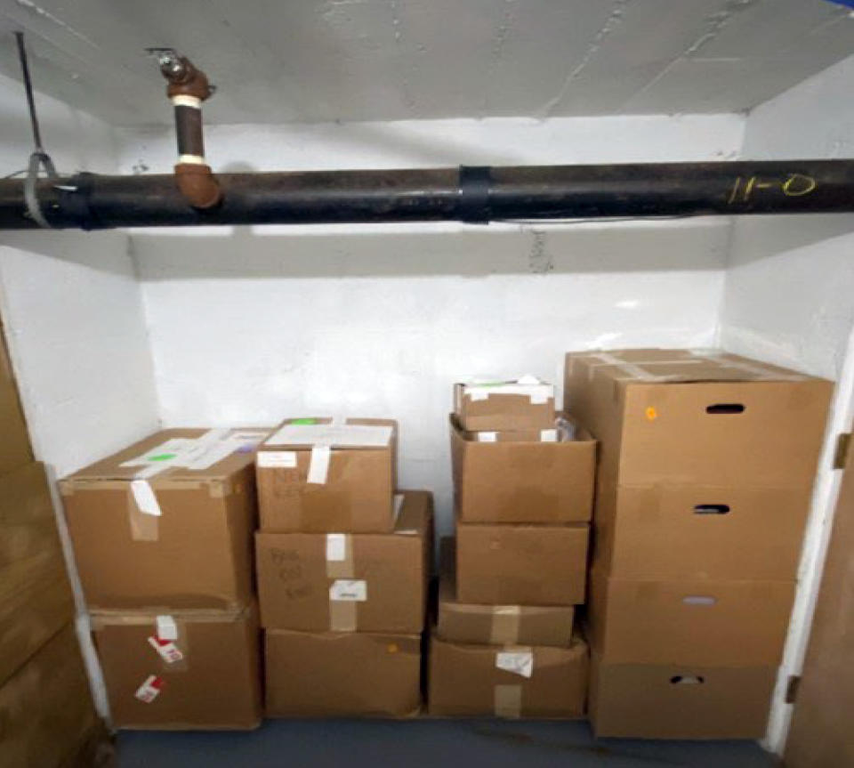 This image, contained in the indictment against former President Donald Trump, shows boxes of records that had been stored in the Lake Room at Trump's Mar-a-Lago estate in Palm Beach, Fla., after they were moved to a storage room on June 24, 2021. Trump is facing 37 felony charges related to the mishandling of classified documents according to an indictment unsealed Friday, June 9, 2023. (Justice Department via AP)