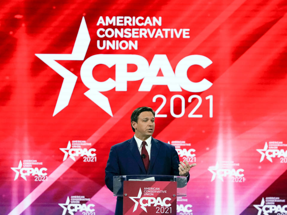 <p>Ron DeSantis addresses CPAC in Orlando, Florida</p> (AP)