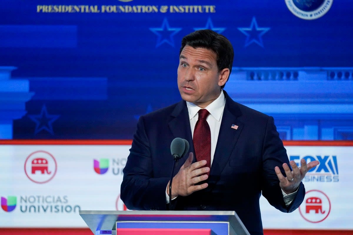 Florida Gov. Ron DeSantis speaks during a Republican presidential primary debate (Copyright 2023 The Associated Press. All rights reserved.)