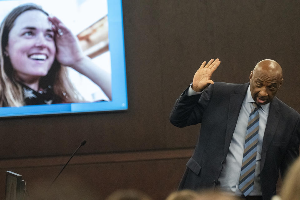 State attorney Rickey Jones references Anna Moriah Wilson's defensive wounds as he addresses the jury during the sentencing portion of Kaitlin Armstrong's murder trial at the Blackwell-Thurman Criminal Justice Center on Friday, Nov. 17, 2023 in Austin, Texas. Prosecutors are seeking a prison sentence of at least 40 years for Armstrong convicted of murder in the shooting death of rising professional cyclist Anna Moriah Wilson. (Mikala Compton/Austin American-Statesman via AP, Pool)