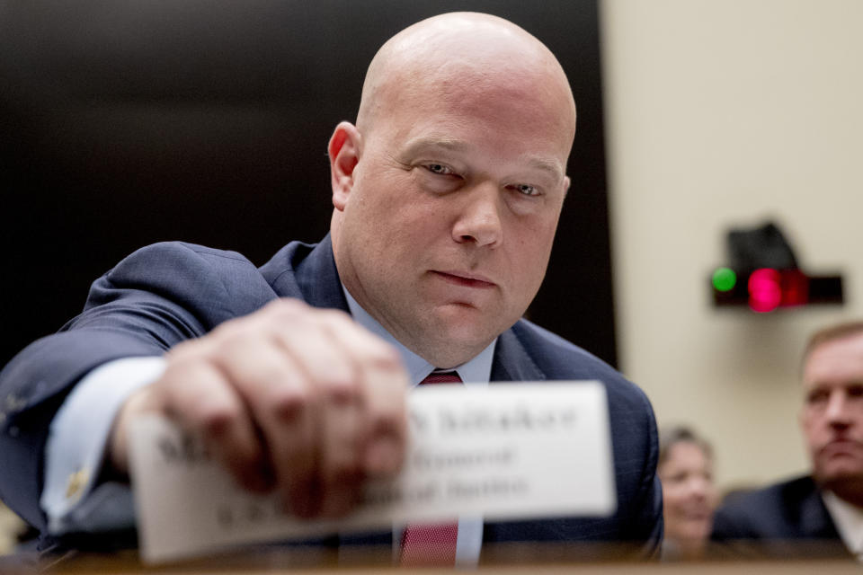 Acting Attorney General Matthew Whitaker appears before the House Judiciary Committee on Capitol Hill, Friday, Feb. 8, 2019, in Washington. (AP Photo/Andrew Harnik)