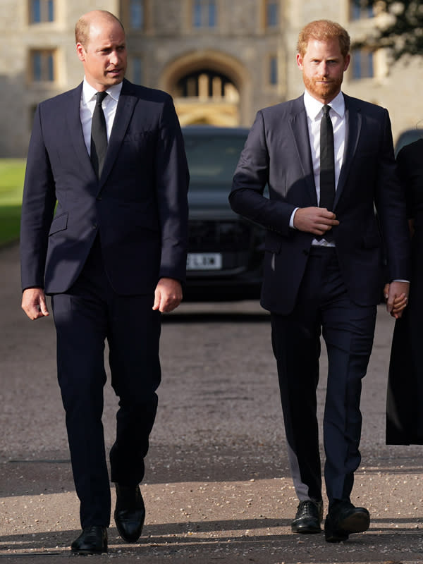 WINDSOR, ENGLAND - SEPTEMBER 10: Prince William, Prince of Wales and Prince Harry, Duke of Sussex walk together to meet members of the public on the long Walk at Windsor Castle on September 10, 2022 in Windsor, England. Crowds have gathered and tributes left at the gates of Windsor Castle to Queen Elizabeth II, who died at Balmoral Castle on 8 September, 2022. (Photo by Kirsty O'Connor - WPA Pool/Getty Images)
