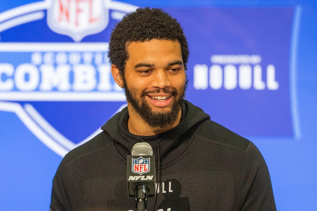 Southern California quarterback Caleb Williams (QB14) talks to the media during the 2024 NFL Combine at Lucas Oil Stadium.