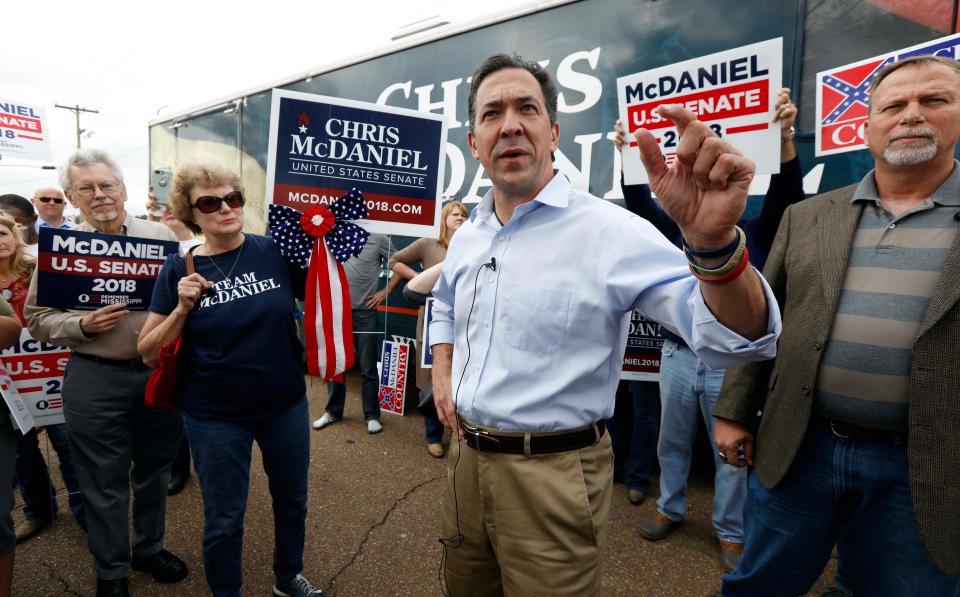 State Sen. Chris McDaniel, R-Ellisville addresses the crowd at a shopping center in Flowood, Miss., Monday, Nov. 5, 2018. McDaniel hopes to unseat appointed U.S. Sen. Cindy Hyde-Smith, R-Miss., and serve the last two years of the six-year term vacated when Republican Thad Cochran retired for health reasons.