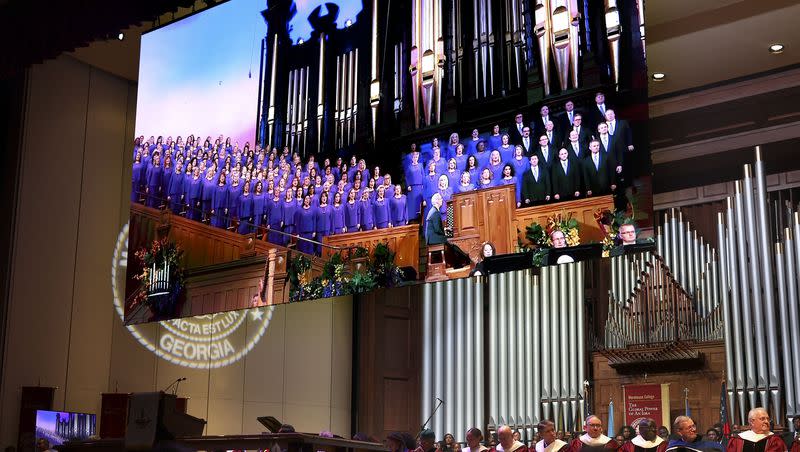 The Tabernacle Choir at Temple Square performs via video at the annual Worldhouse Interfaith & Interdenominational Assembly at the Martin Luther King, Jr. International Chapel at Morehouse College in Atlanta, Georgia, on Thursday, April 13, 2023. On Oct. 22, the glee clubs for both Morehouse College and Spelman College will join the choir for its weekly broadcast of “Music and the Spoken Word.” 
