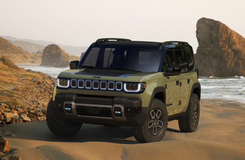 This photo provided by Stellantis shows the new, all-electric Jeep Recon. Jeep will start selling two fully electric SUVs in North America and another one in Europe over the next two years. The new EVs, Jeep's first, are part of the Stellantis brand's plans to convert half of its U.S. sales and all of its European sales to battery-electric vehicles by 2030. (Stellantis via AP)