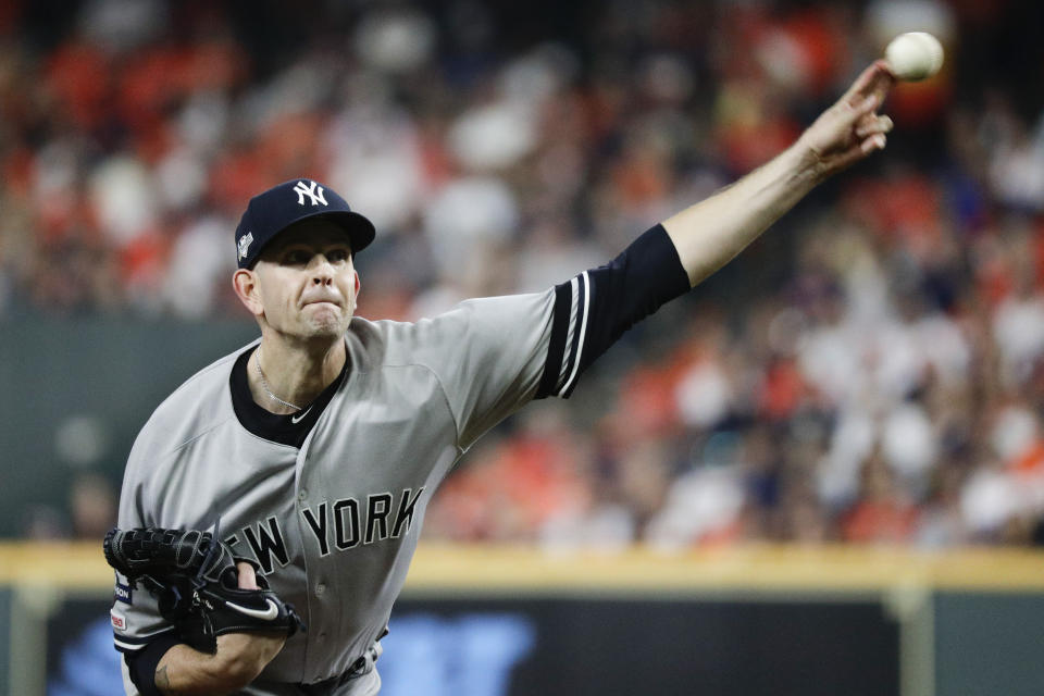 New York Yankees starting pitcher James Paxton throws against the Houston Astros during the first inning in Game 2 of baseball's American League Championship Series Sunday, Oct. 13, 2019, in Houston. (AP Photo/Eric Gay)