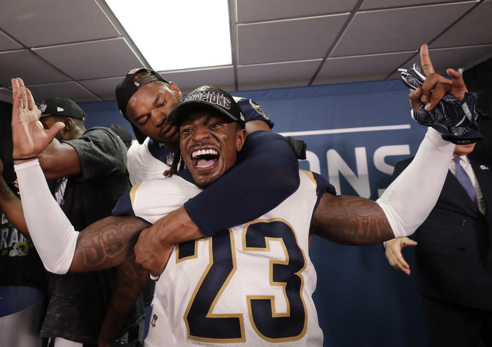 Los Angeles Rams defensive back Nickell Robey-Coleman (23) celebrates in the locker room after the Rams won the NFC title. (AP)