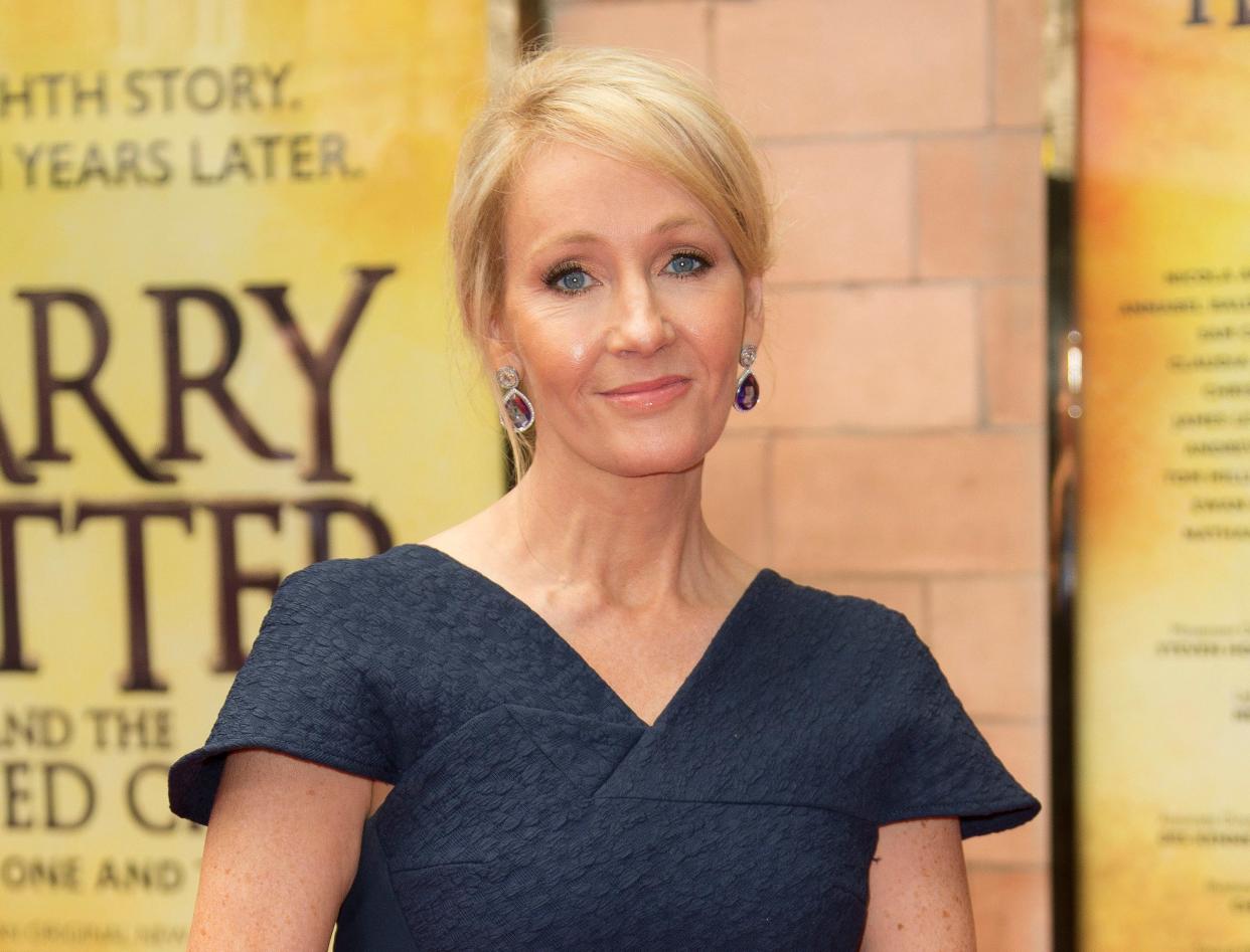 In this July 30, 2016 file photo, writer J.K. Rowling poses for photographers upon arrival at gala performance of "Harry Potter and the Cursed Child," in central London.