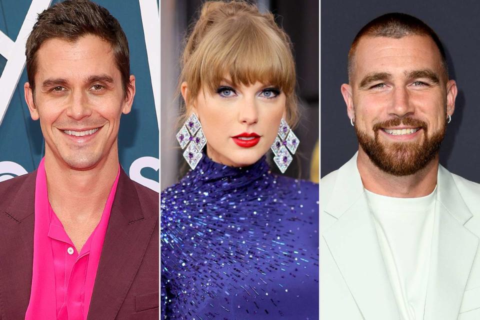 <p>Jason Kempin/Getty Images; Neilson Barnard/Getty Images; JC Olivera/Getty Images</p> Antoni Porowski shows support for Taylor Swift and Travis Kelce with "Karma"-inspired snapback hat