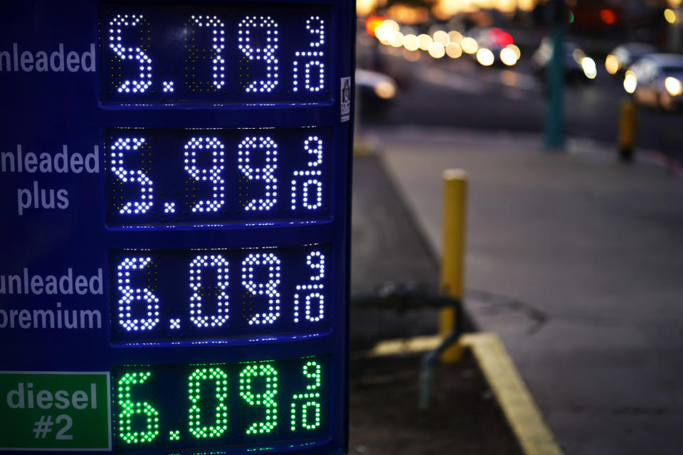 Gas prices are displayed at a gas station in San Diego, Tuesday, March 8, 2022. The average price for a gallon of gasoline in the U.S. hit a record $4.17 on Tuesday as the country prepares to ban Russian oil imports. (AP Photo/Gregory Bull)