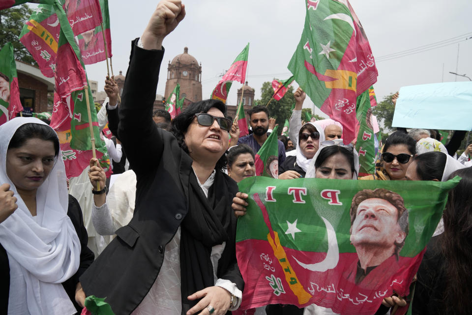 Lawyers, who support Pakistan's former Prime Minister Imran Khan, hold a protest against Khan's imprisonment, in Lahore, Pakistan, Monday, Aug. 7, 2023. Khan is now an inmate at a high-security prison after being convicted of corruption and sentenced to three years. (AP Photo/K.M. Chaudary)