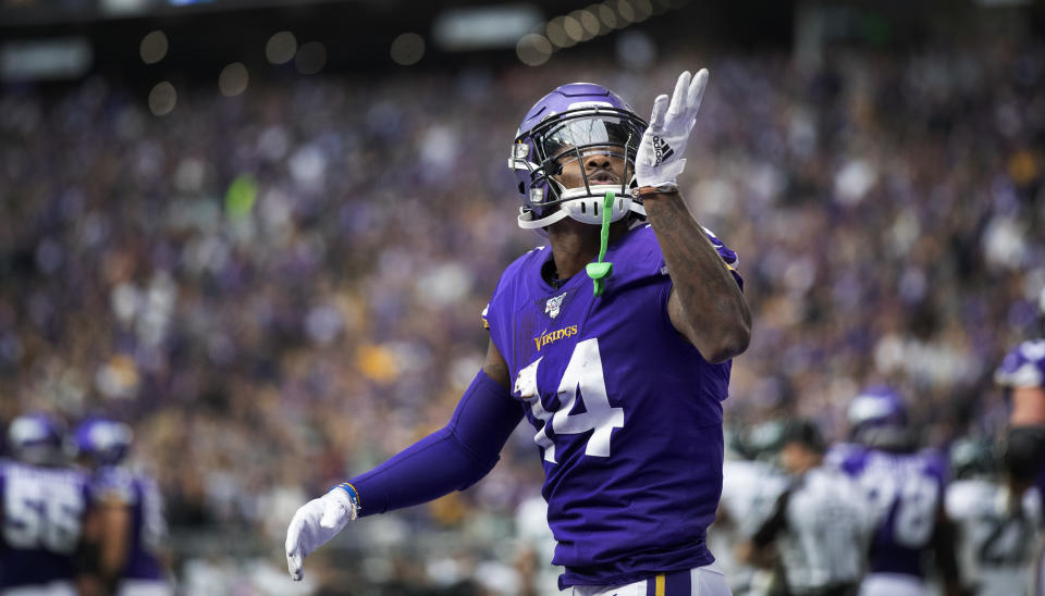 MINNEAPOLIS, MN - OCTOBER 13: Minnesota Vikings wide receiver Stefon Diggs (14) blew a kiss to the fans after catching his third catch of the game during an NFL football game against the Philadelphia Eagles at U.S. Bank Stadium on Sunday, October 13, 2019. (Photo by Jerry Holt/Star Tribune via Getty Images)