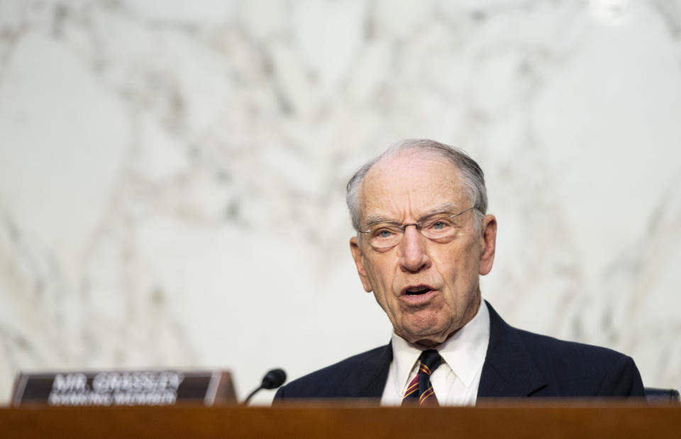 Senate Judiciary Committee Ranking Member Chuck Grassley, R-Iowa, speaks during a Senate Judiciary Committee hearing on voting rights on Capitol Hill in Washington, Tuesday, April 20, 2021. (Bill Clark/Pool via AP)
