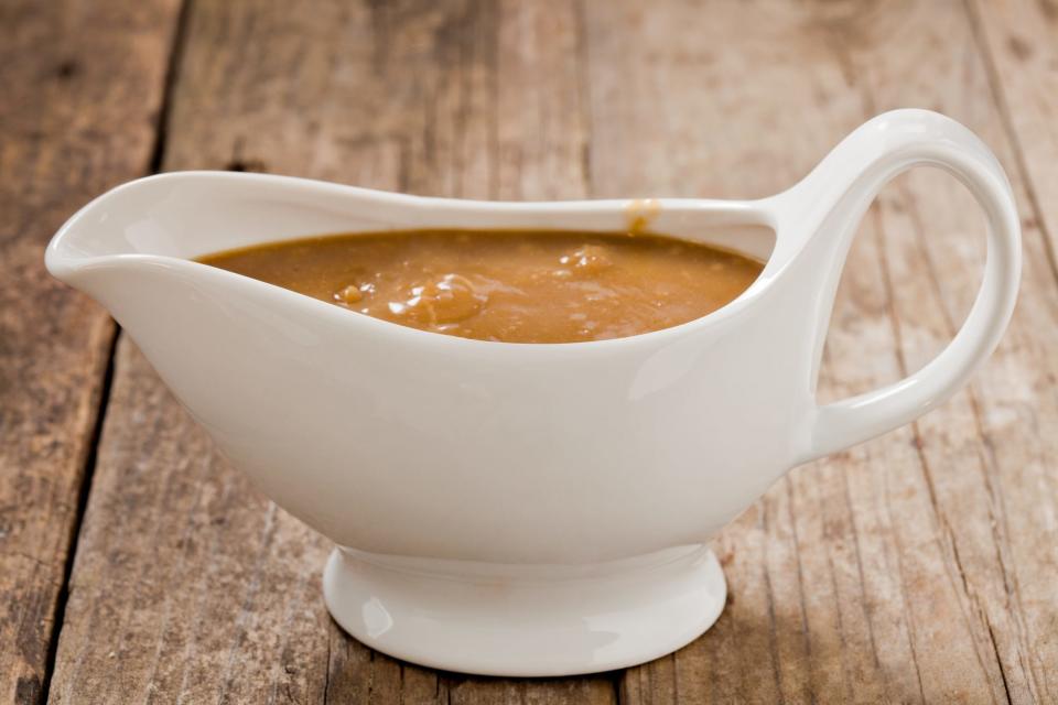 Press glastic wrap on gravy until serving to prevent a skin forming.