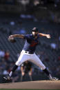 Minnesota Twins pitcher Devin Smeltzer throws to a Cleveland Guardians batter during the first inning of a baseball game Saturday, May 14, 2022, in Minneapolis. (AP Photo/Stacy Bengs)