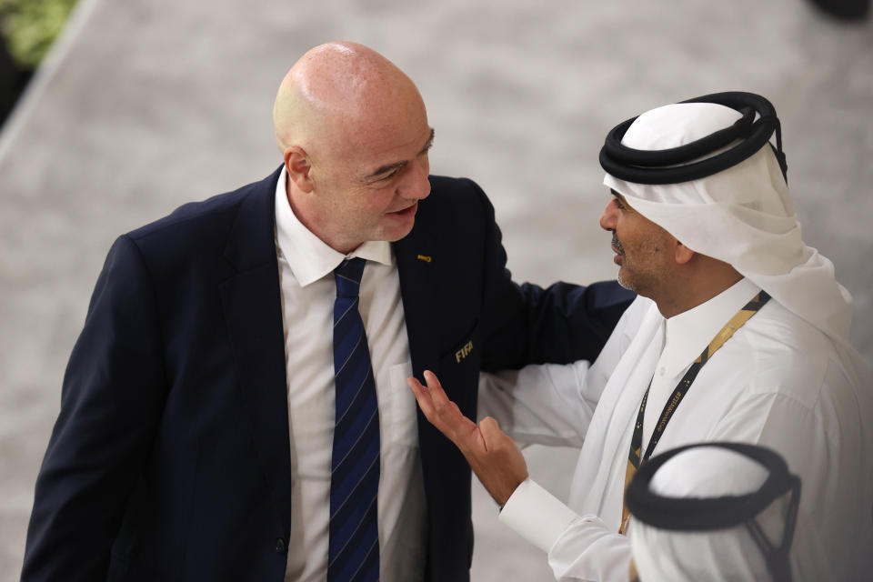 Seen here, FIFA president Gianni Infantino speaks with a dignitary at the opening match of the FIFA World Cup in Qatar. 
