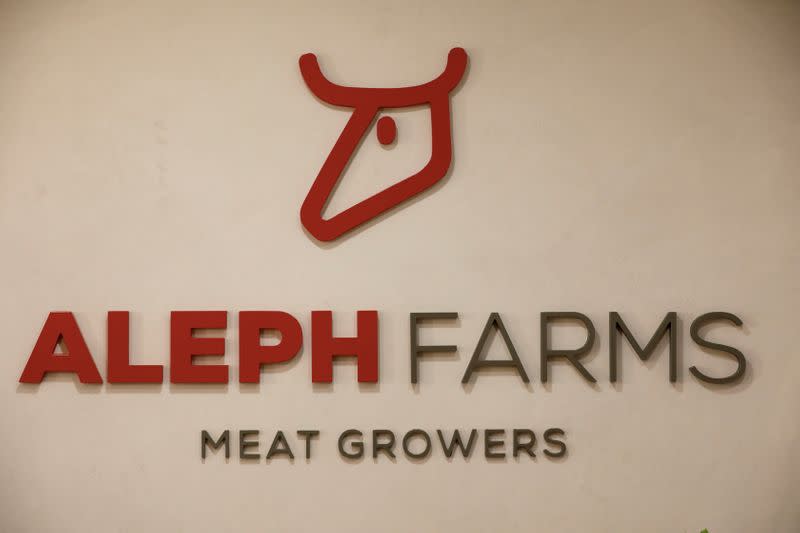 Logo of Aleph Farms is seen at their office in Rehovot, Israel