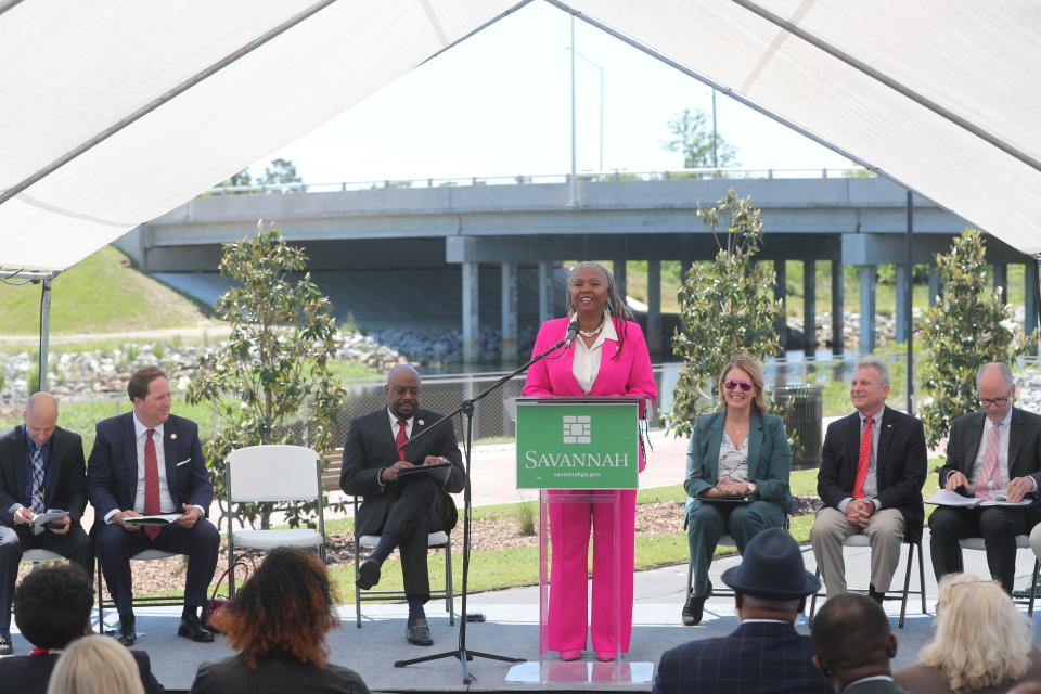 Bernetta Lanier, alderwoman for district 1, speaks during a special ceremony on Tuesday, April 23, 2024 to announce BRIC Grant funding for the Springfield Canal.