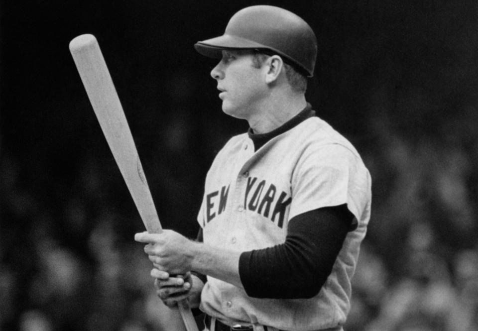 Unknown date and location; USA; FILE PHOTO; New York Yankees infielder Mickey Mantle at the plate. Mandatory Credit: Malcolm Emmons-USA TODAY Sports