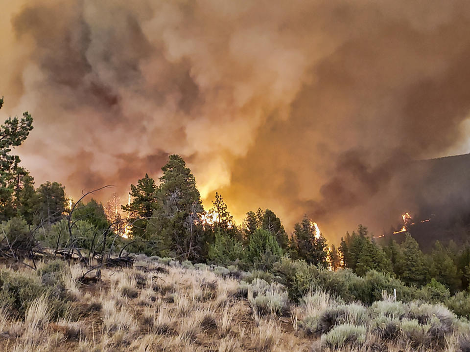 This photo provided by the Oregon Department of Forestry shows active fire along a ridge at the Grandview Fire near Sisters, Ore., Sunday, July 11, 2021. The wildfire doubled in size to 6.2 square miles (16 square kilometers) Monday, forcing evacuations in the area, while the state's biggest fire continued to burn out of control, with containment not expected until November. (Oregon Department of Forestry via AP)