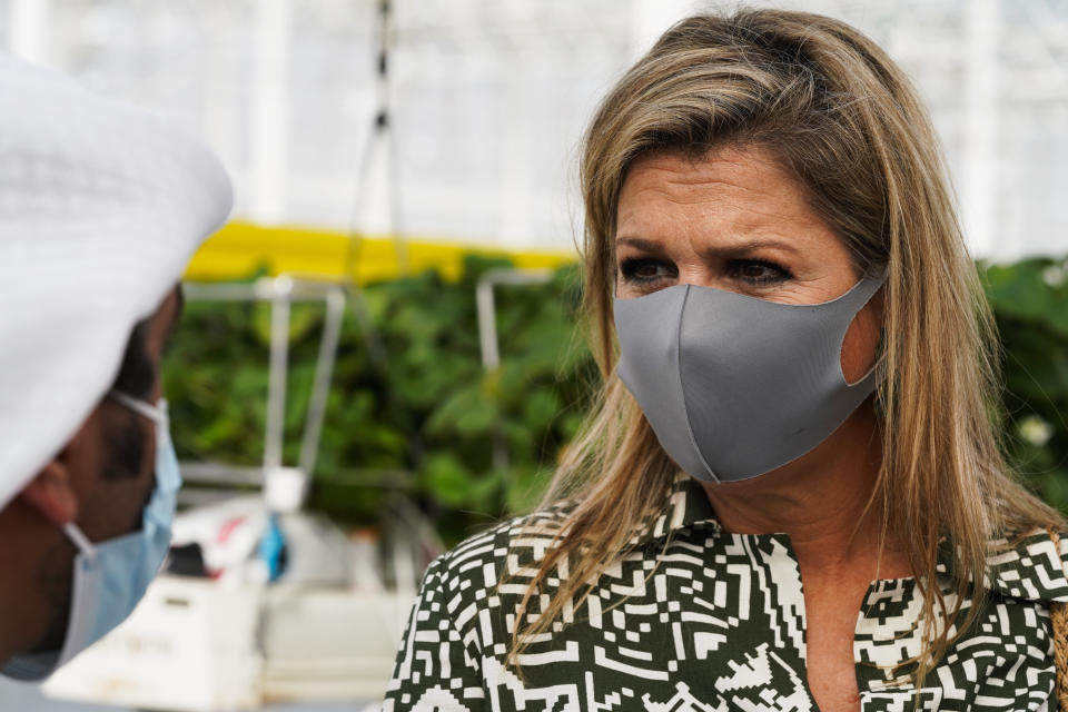 Queen Maxima visits the Pure Harvest strawberry farm near Sweihan in Abu Dhabi, United Arab Emirates, Wednesday, Nov. 3, 2021. King Willem-Alexander and Queen Maxima of the Netherlands are in the United Arab Emirates as part of a royal trip to the country to visit Dubai's Expo 2020. (AP Photo/Jon Gambrell)