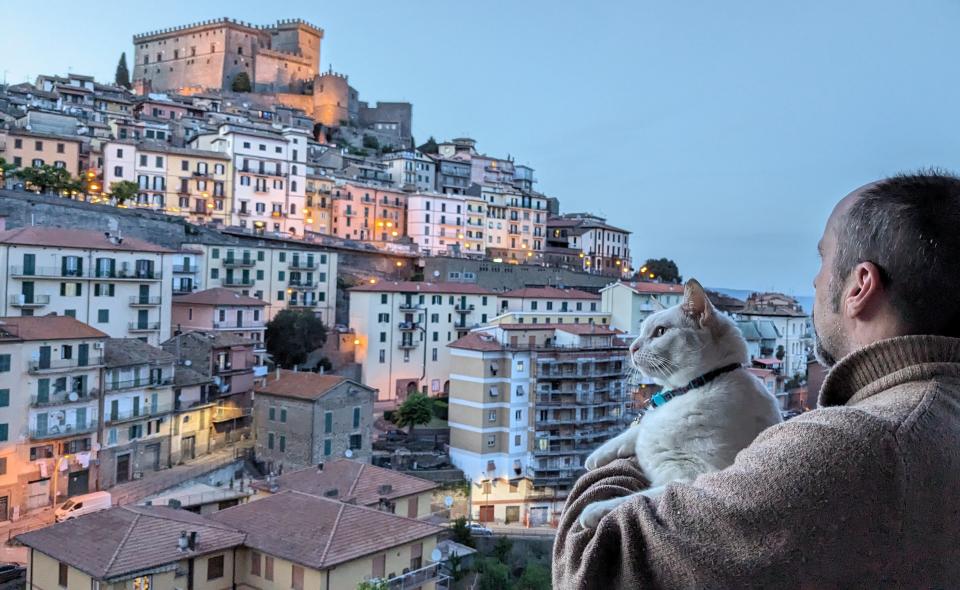 Cat looking out onto view of Italy