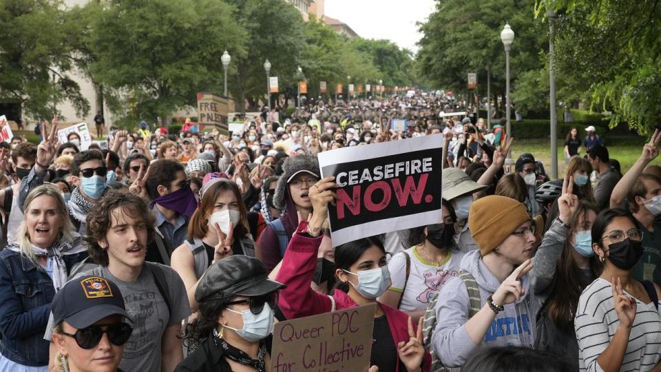 Pro-Palestinian protesters march at the University of Texas