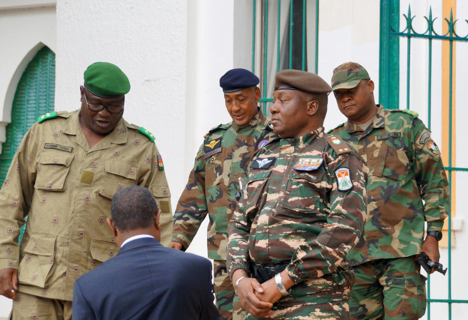 Gen. Abdourahmane Tchiani, second from the right, and other army commanders are seen in Niger's capital, Niamey, July 28, 2023, after claiming control over the country. / Credit: Balima Boureima/Anadolu Agency/Getty