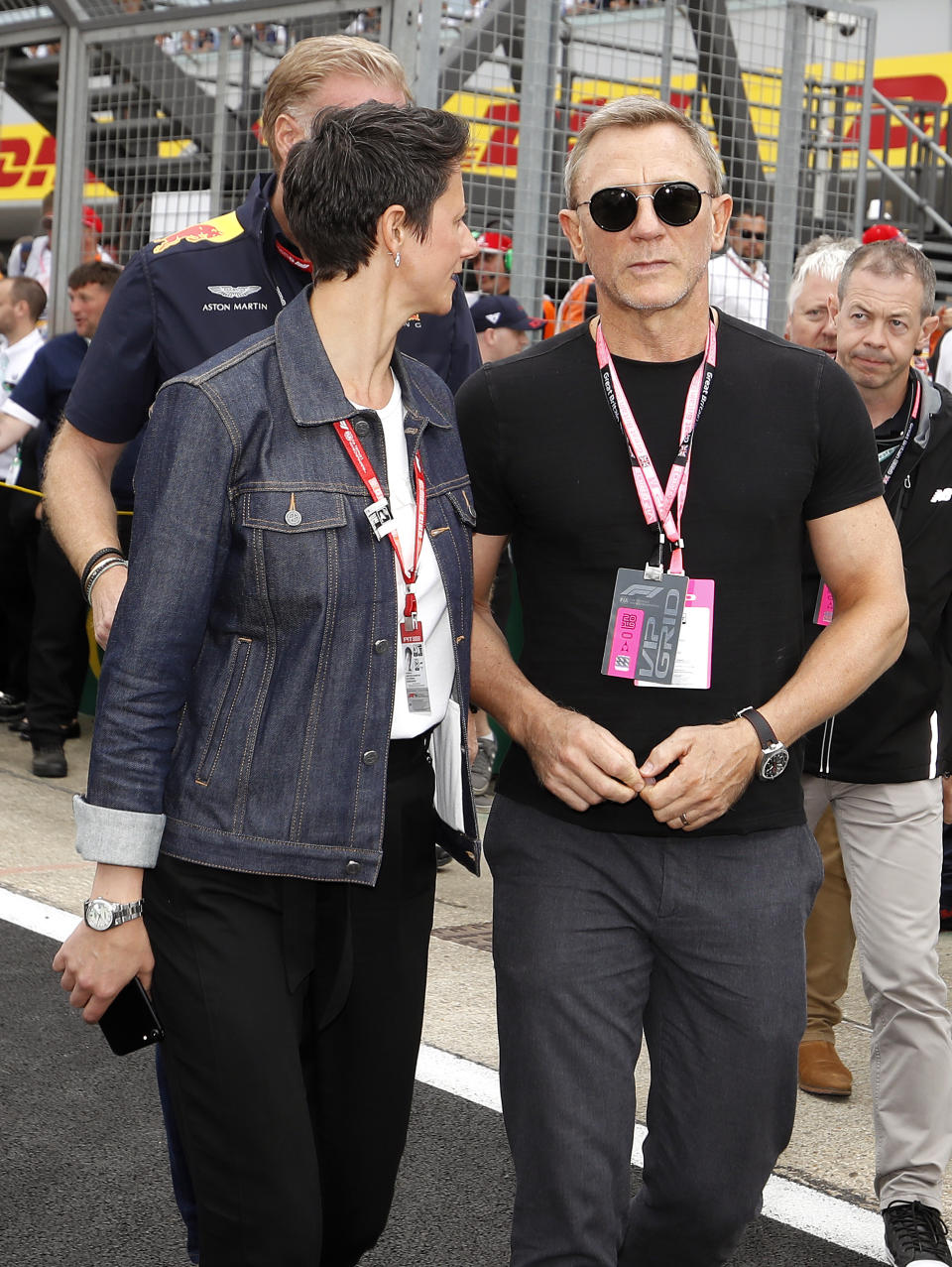 Daniel Craig (right) during the British Grand Prix at Silverstone, Towcester. (Photo by Martin Rickett/PA Images via Getty Images)