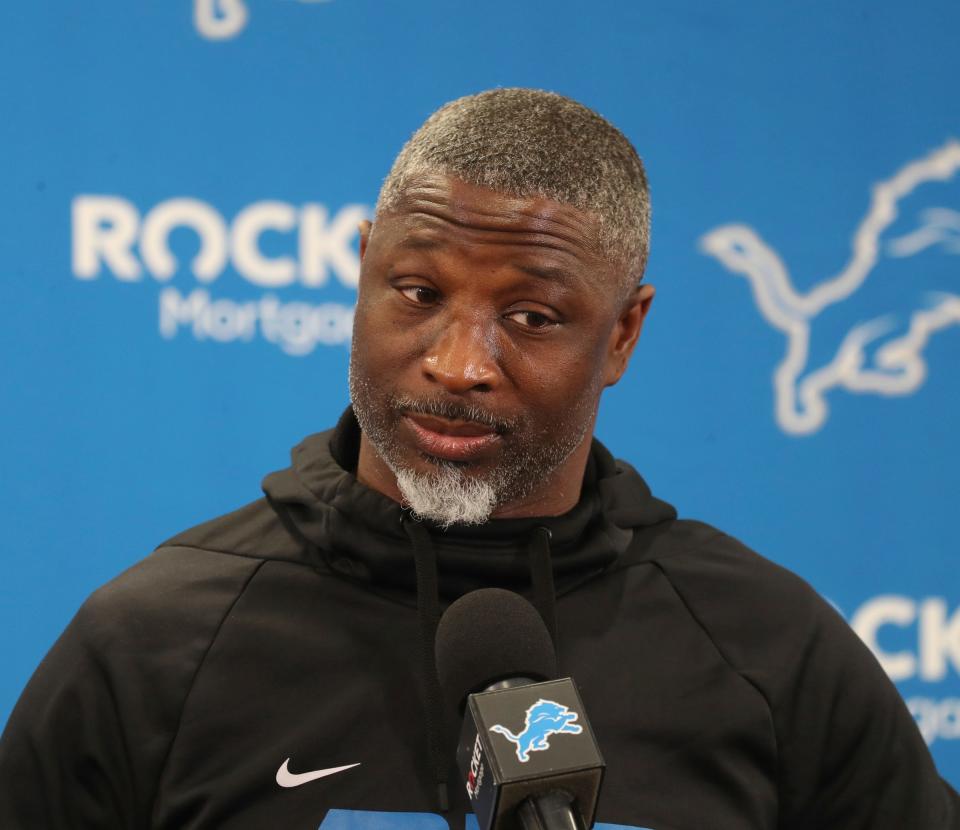 Detroit Lions defensive coordinator Aaron Glenn talks with reporters before OTAs on Thursday, May 26, 2022 at the team practice facility in Allen Park.