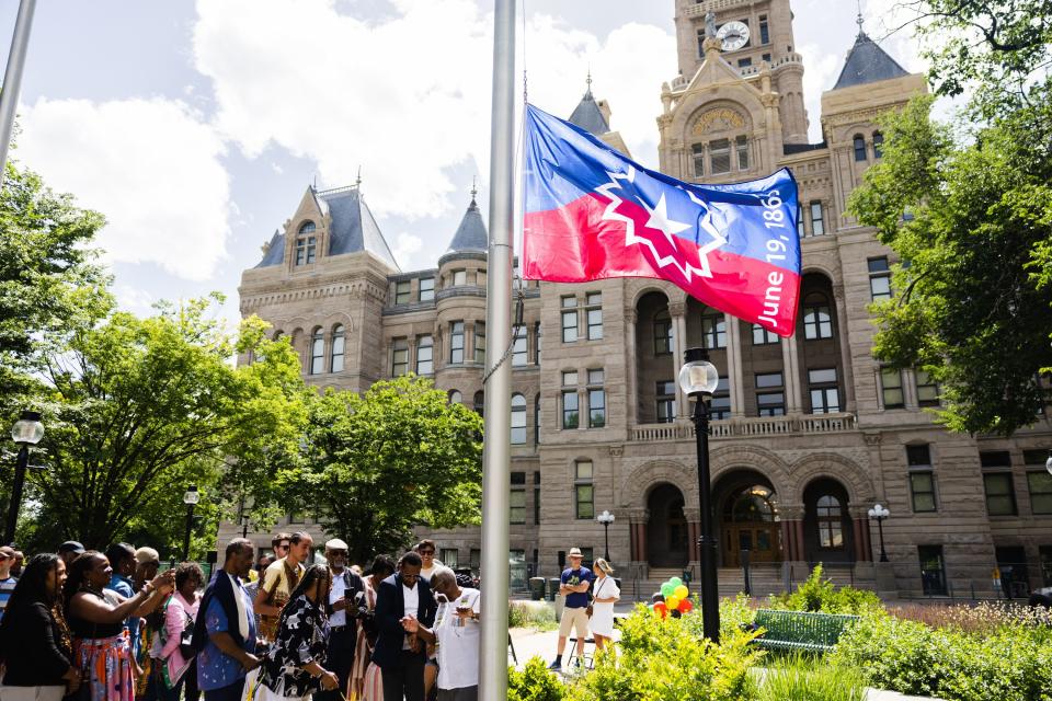 The Juneteenth flag is seen during the flag-raising ceremony for Juneteenth at the Salt Lake City and County Building in Salt Lake City on June 19, 2023. | Ryan Sun, Deseret News
