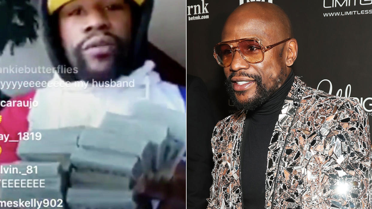 Boxer Floyd Mayweather showed several large wads of cash during an Instagram Live call with NFL wide receiver Antonio Brown, amid economic shutdowns caused by the coronavirus. Pictures: Instagram/@AB/Getty Images 