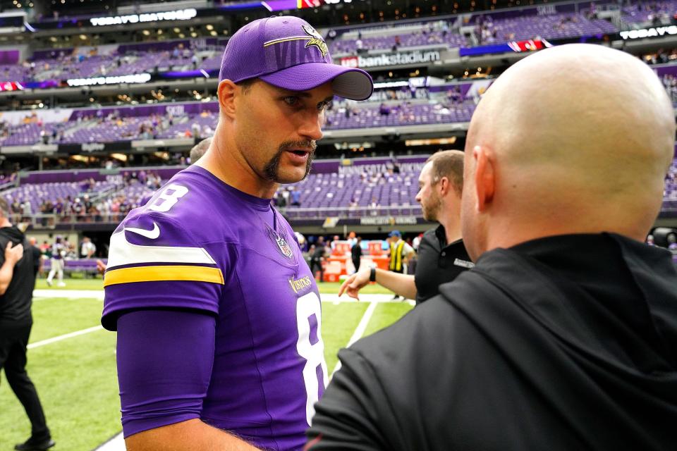 MINNEAPOLIS, MINNESOTA - AUGUST 26: Kirk Cousins #8 of the Minnesota Vikings looks on after a preseason game against the Arizona Cardinals at U.S. Bank Stadium on August 26, 2023 in Minneapolis, Minnesota. The Cardinals defeated the Vikings 18-17. (Photo by David Berding/Getty Images)