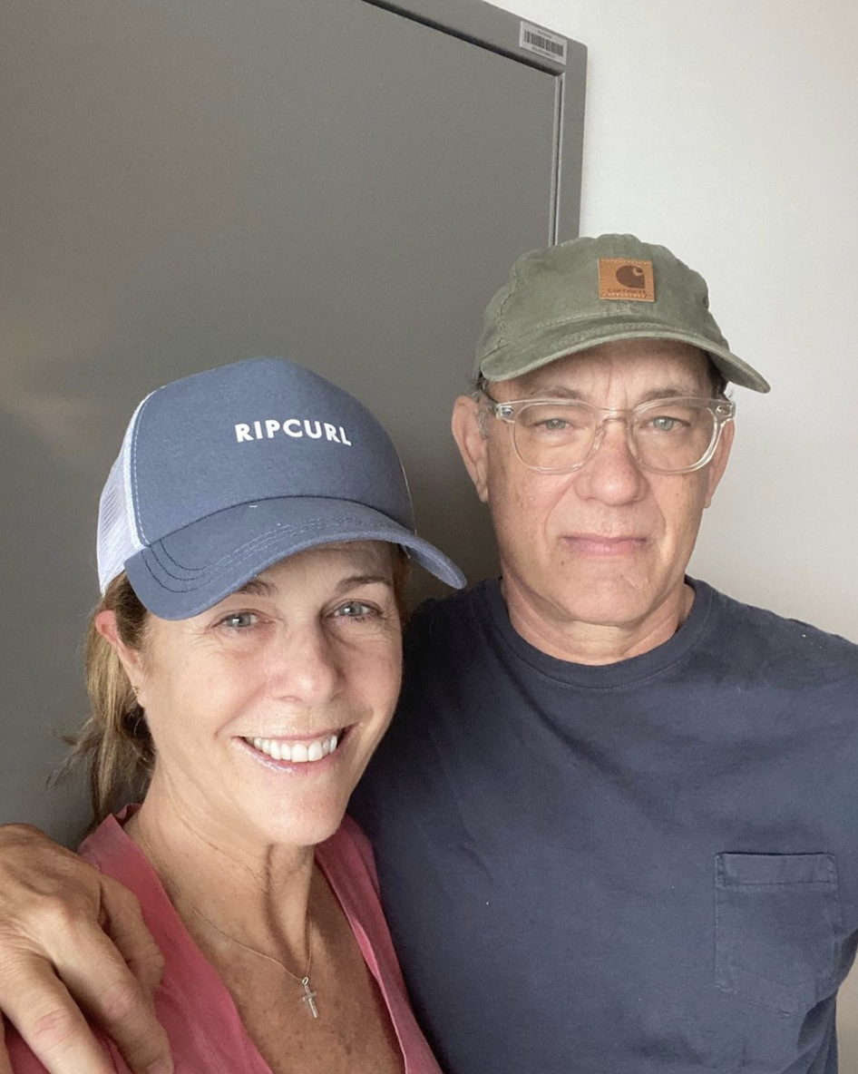 Tom Hanks and Rita Wilson wearing caps in quarantine in Austalia