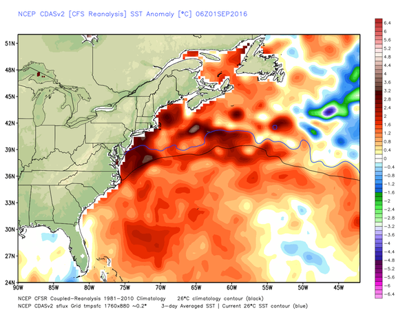 Sea surface temperature anomalies in degrees Celsius on Sept. 1, 2016.