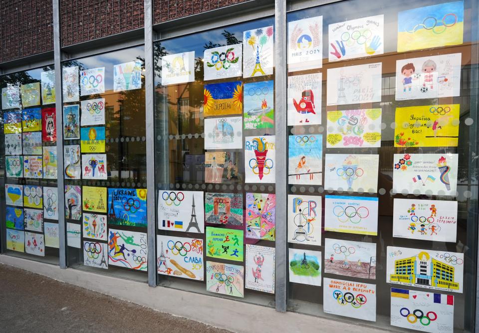 A view of artwork in the window of the accommodation used by the Ukraine Olympic Team at the Olympic Village site in Paris (Mike Egerton/PA Wire)